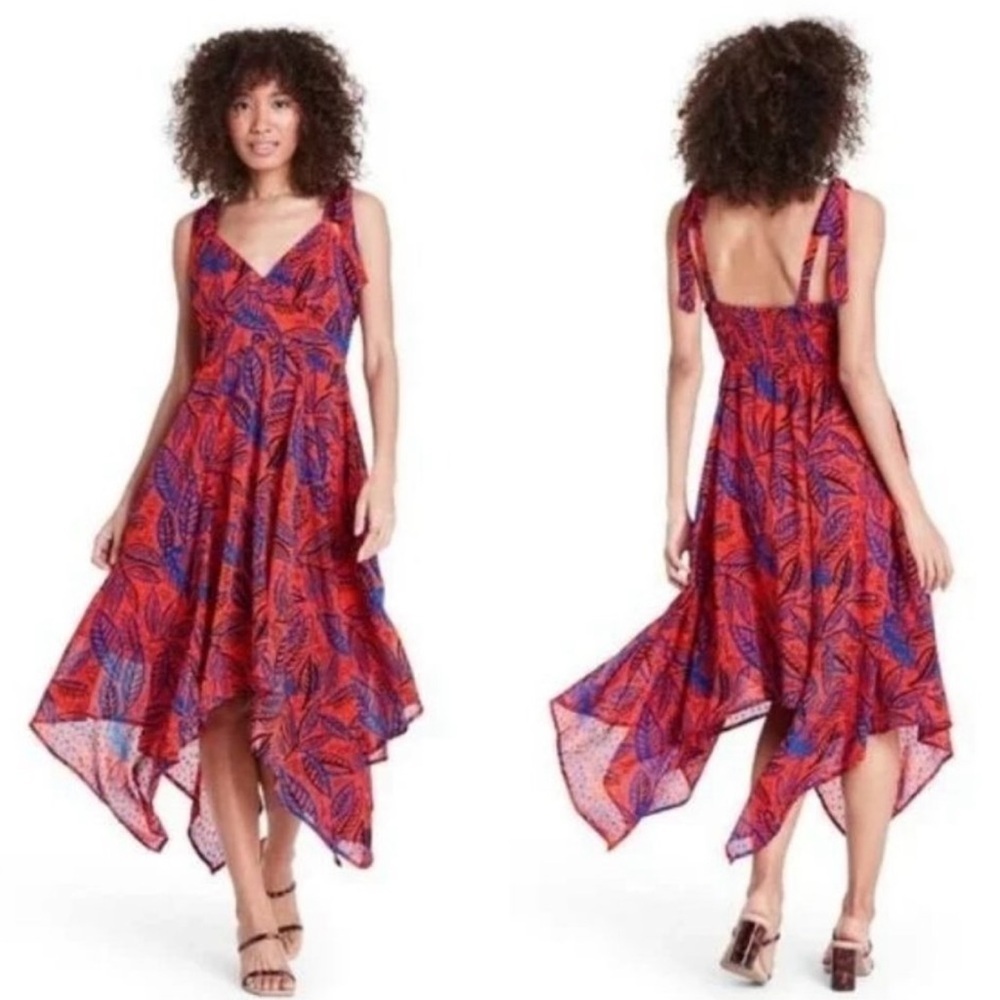 ALEXIS × Target Leaf Tie Strap Asymmetrical Dress Red Blue Medium N2